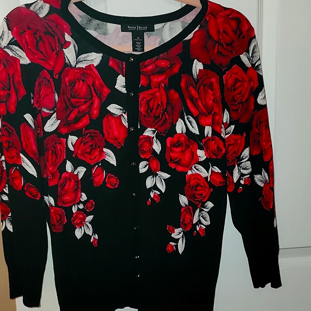 WHBM Black Cardigan w. Red Rose Design